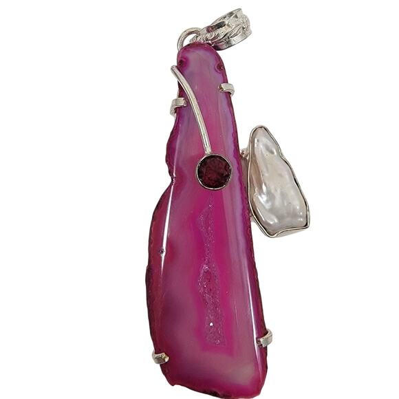 Handmade Silver Pendant with Pink Agate, Garnet & Pearl Accent - Picture 1 of 10